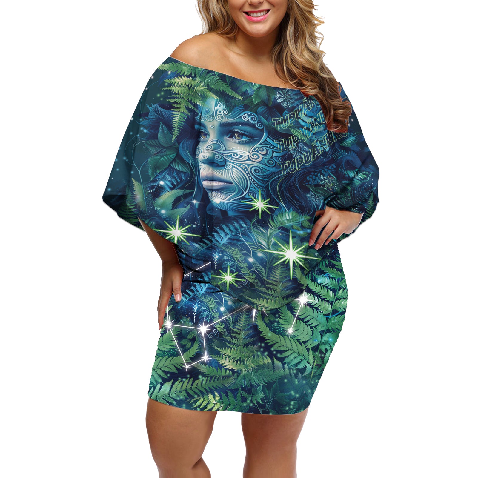 New Zealand Matariki Tupuanuku Off Shoulder Short Dress Te Wā o te Hauhake