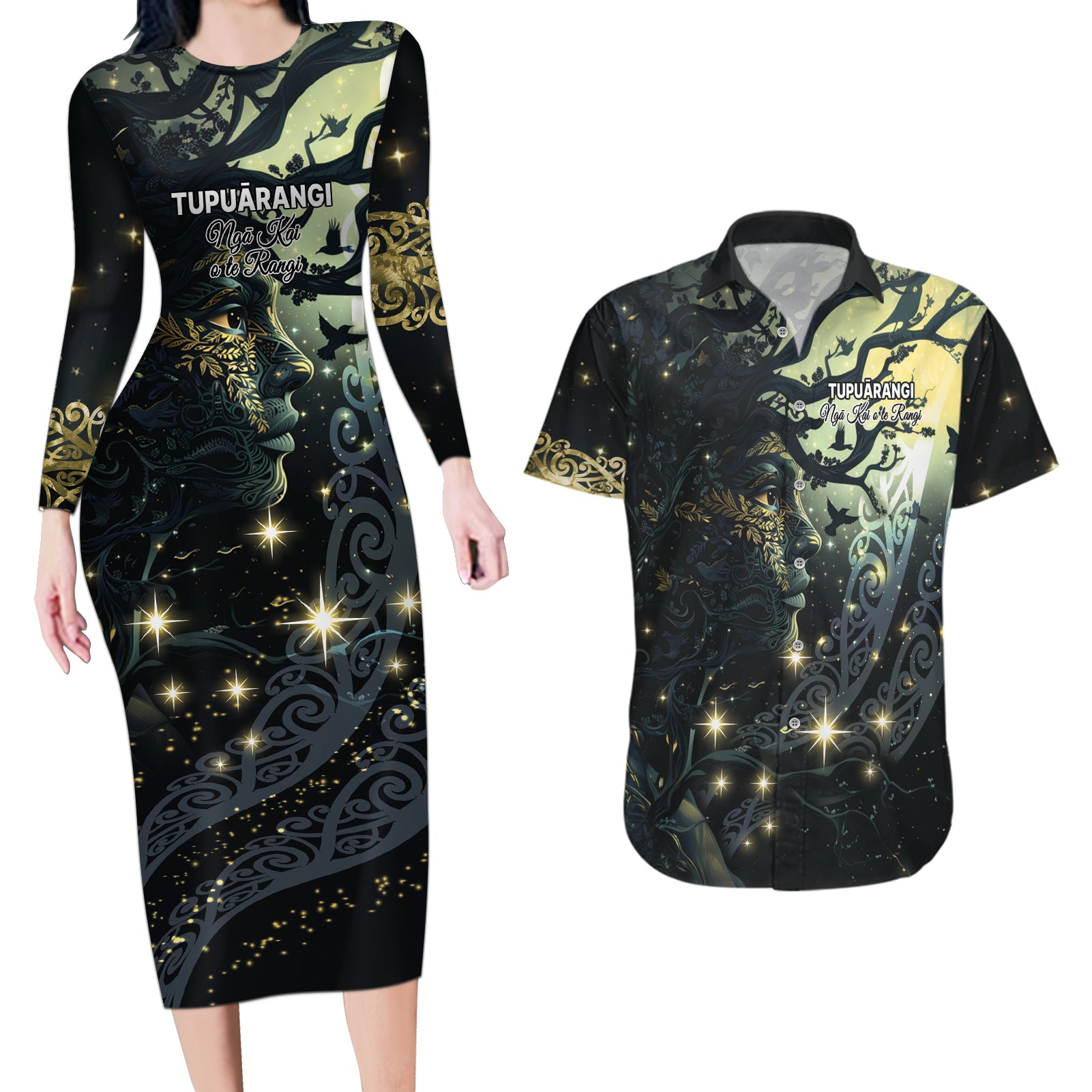 New Zealand Matariki Tupuarangi Couples Matching Long Sleeve Bodycon Dress and Hawaiian Shirt Ngā Kai o te Rangi