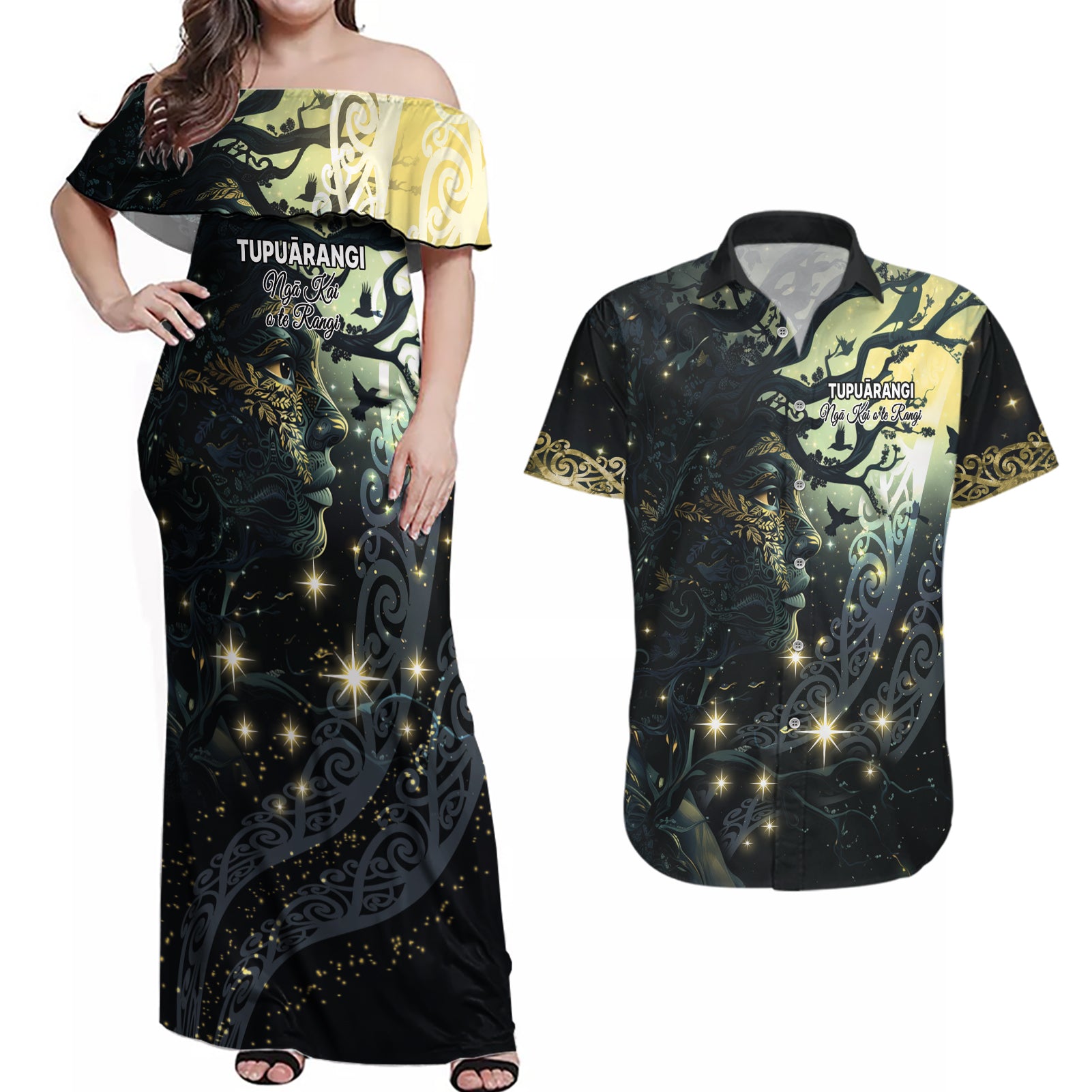 New Zealand Matariki Tupuarangi Couples Matching Off Shoulder Maxi Dress and Hawaiian Shirt Ngā Kai o te Rangi