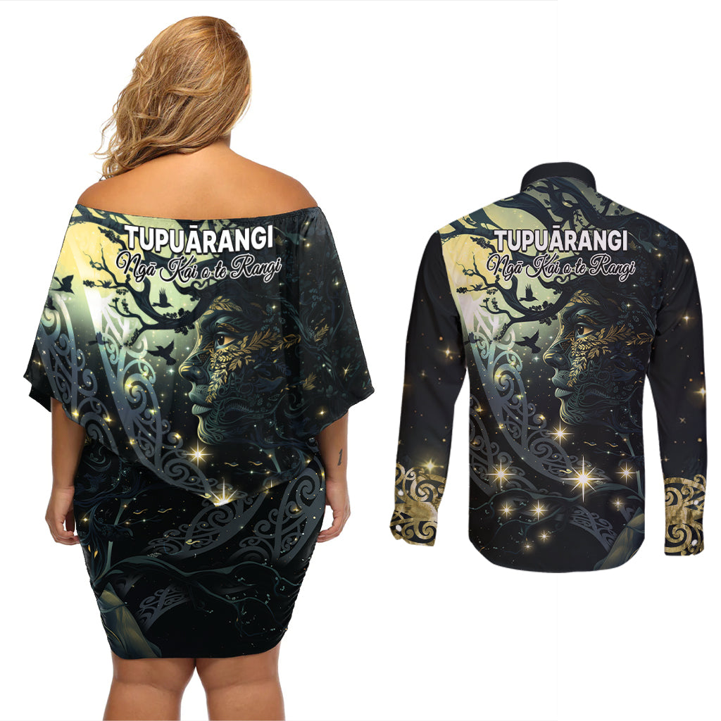 New Zealand Matariki Tupuarangi Couples Matching Off Shoulder Short Dress and Long Sleeve Button Shirt Ngā Kai o te Rangi