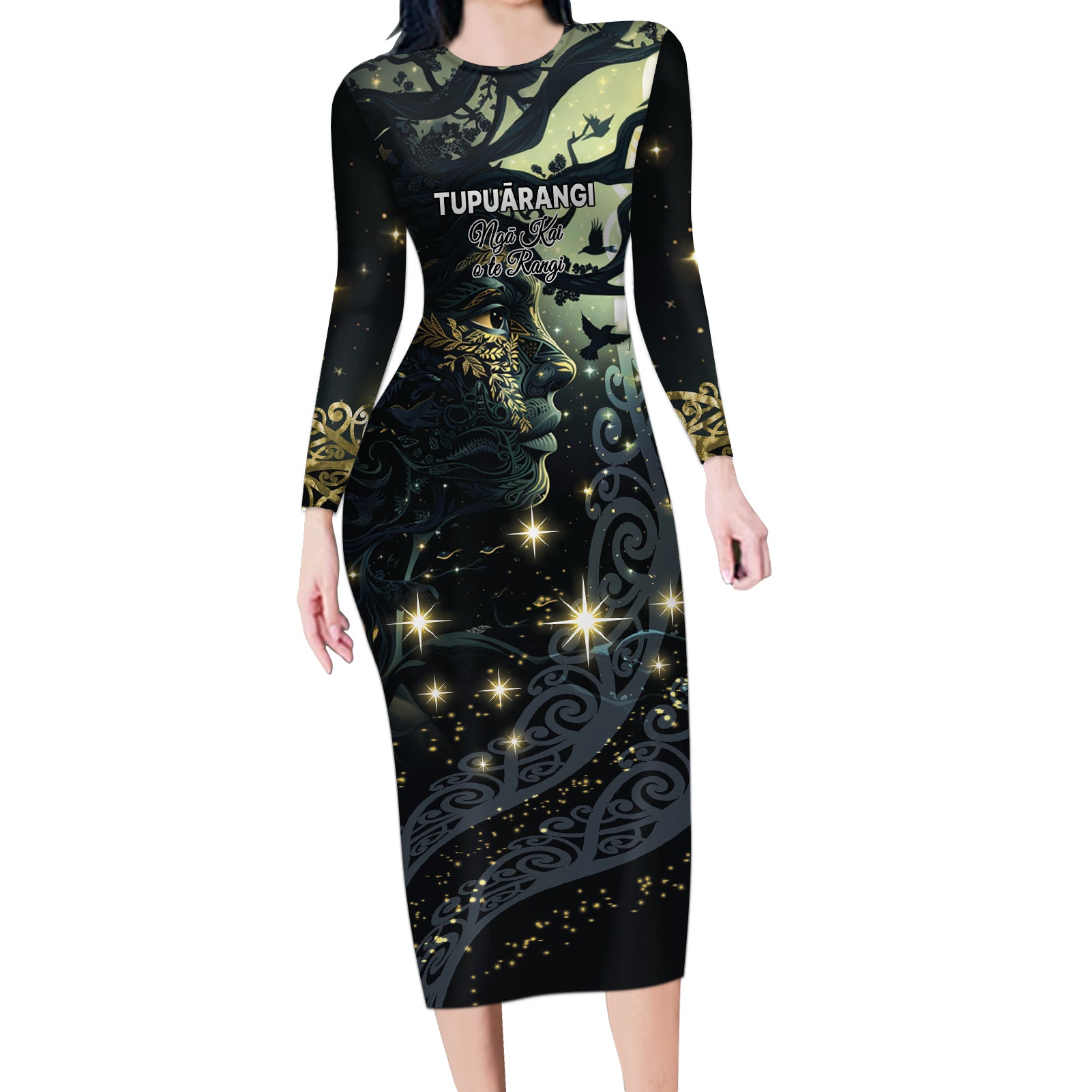 New Zealand Matariki Tupuarangi Long Sleeve Bodycon Dress Ngā Kai o te Rangi