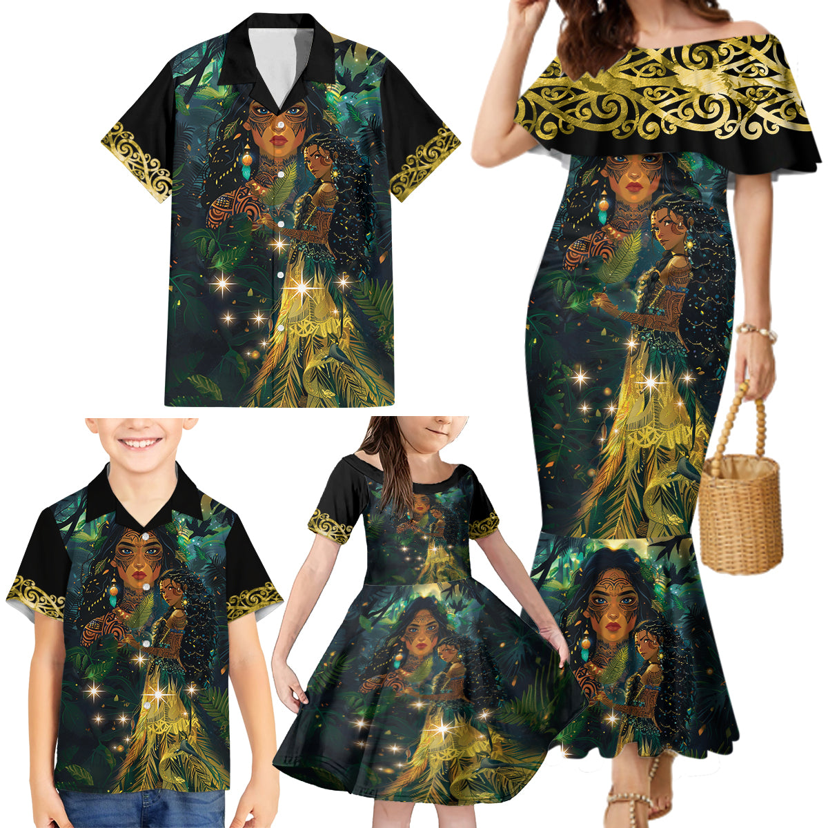 New Zealand Matariki Family Matching Mermaid Dress and Hawaiian Shirt Rongoā Māori Wellbeing and Good Luck