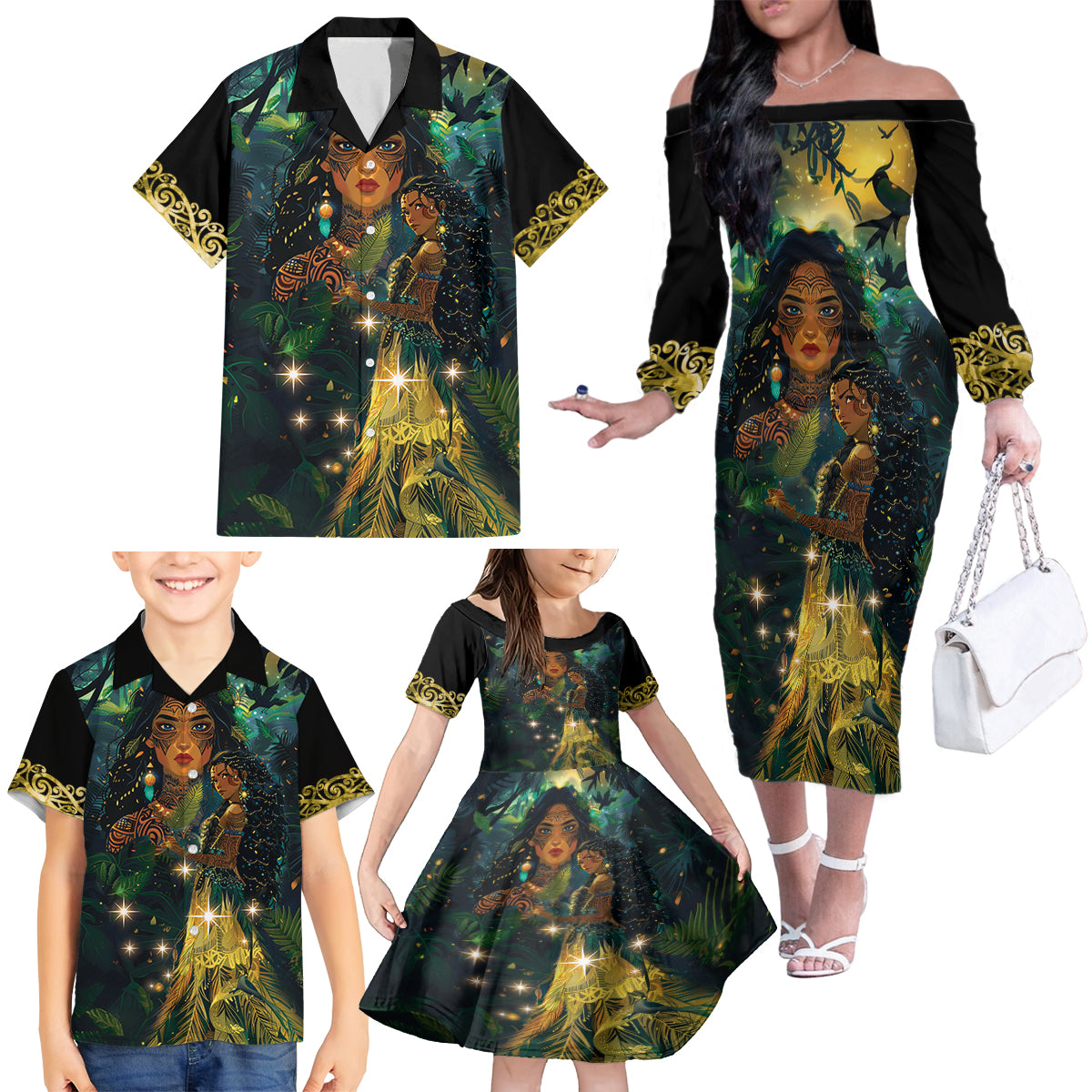 New Zealand Matariki Family Matching Off The Shoulder Long Sleeve Dress and Hawaiian Shirt Rongoā Māori Wellbeing and Good Luck