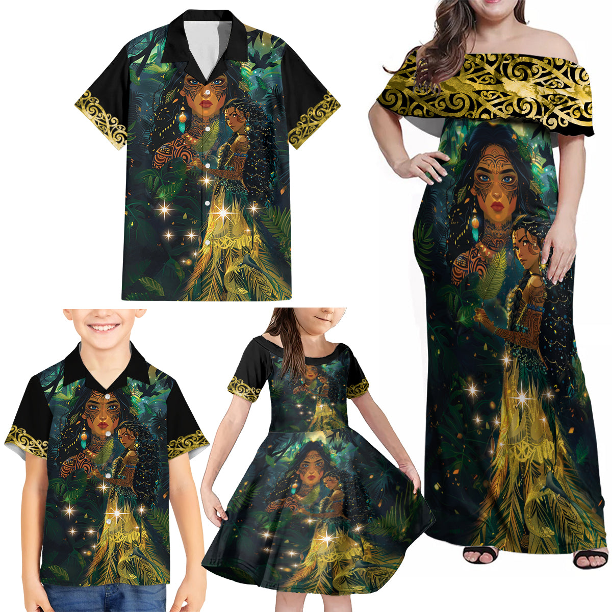 New Zealand Matariki Family Matching Off Shoulder Maxi Dress and Hawaiian Shirt Rongoā Māori Wellbeing and Good Luck