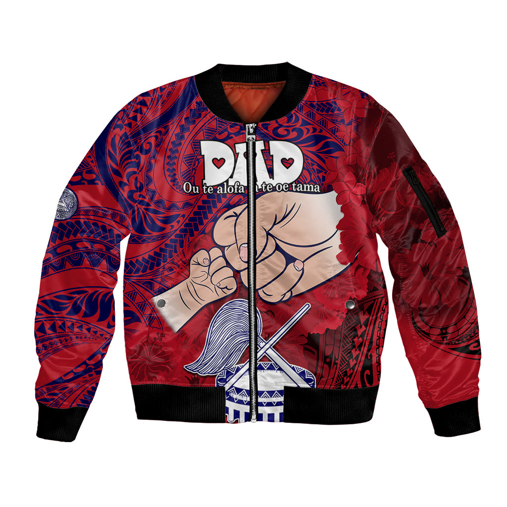 Personalised Dads Day American Samoa Sleeve Zip Bomber Jacket Dad Ou Te Alofa Ia Te Oe Tama - Polynesian Flowers Tribal LT9 Unisex Red - Polynesian Pride