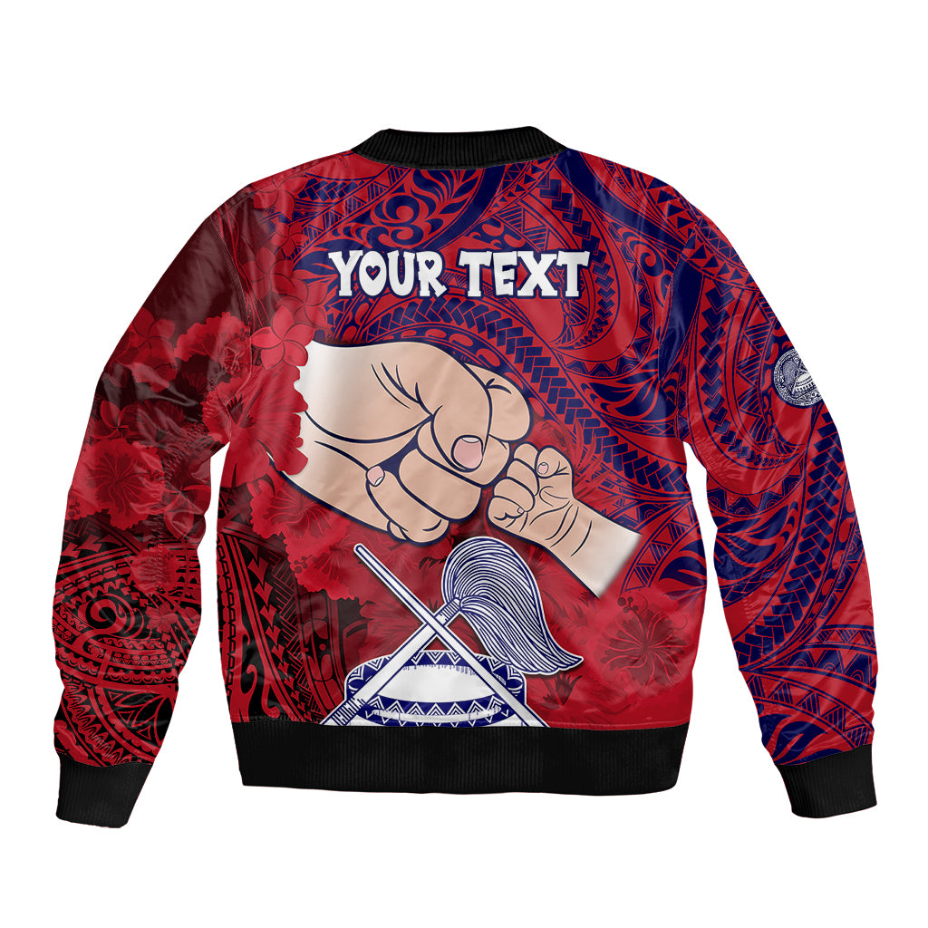 Personalised Dads Day American Samoa Sleeve Zip Bomber Jacket Dad Ou Te Alofa Ia Te Oe Tama - Polynesian Flowers Tribal LT9 - Polynesian Pride