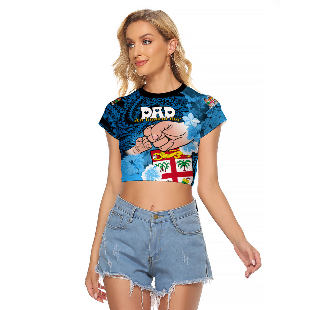 Personalised Dads Day Fiji Raglan Cropped T Shirt Dad Au Lomani Iko - Polynesian Flowers Tribal LT9 Female Blue - Polynesian Pride