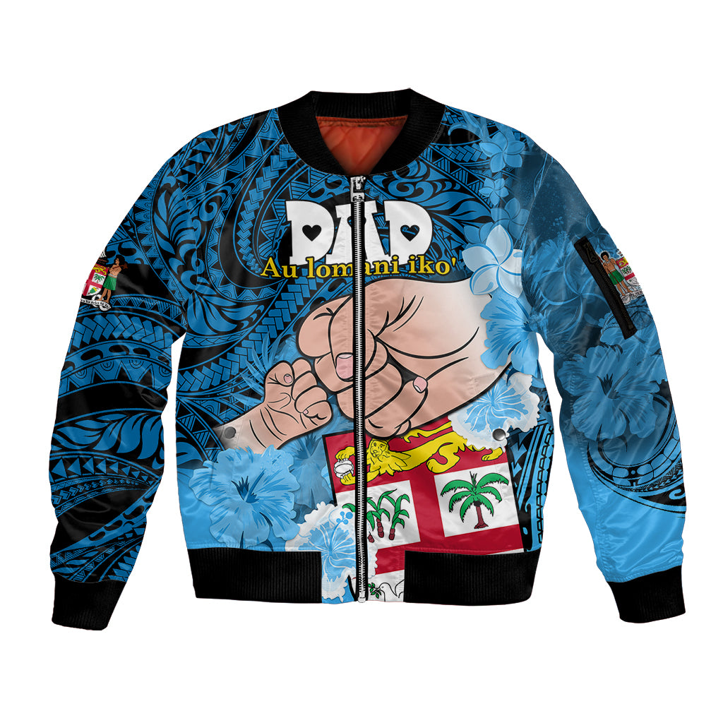 Personalised Dads Day Fiji Sleeve Zip Bomber Jacket Dad Au Lomani Iko - Polynesian Flowers Tribal LT9 Unisex Blue - Polynesian Pride
