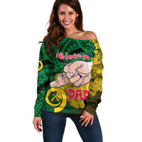 Personalised Dads Day Vanuatu Off Shoulder Sweater Dad Mi lavem yu - Polynesian Flowers Tribal LT9 Women Green - Polynesian Pride