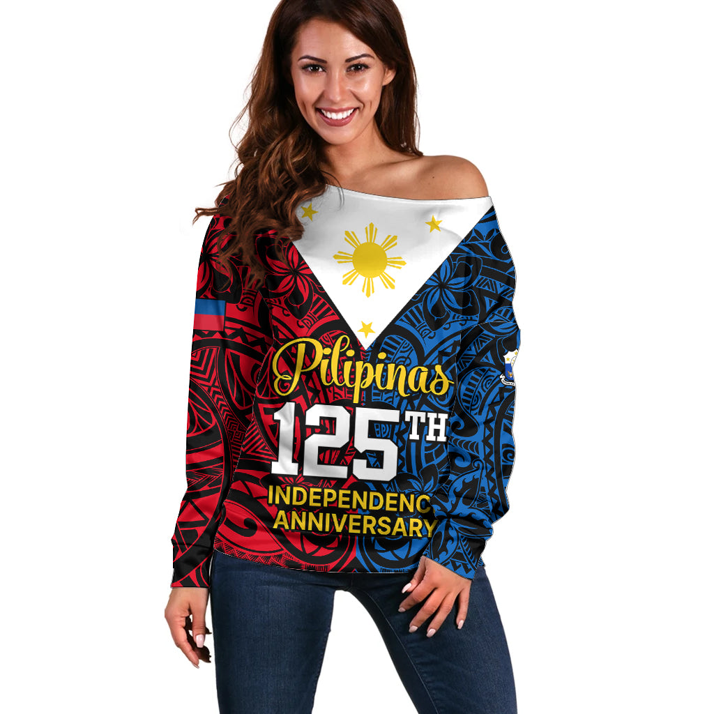 125th Independence Anniversary Philippines Off Shoulder Sweater Polynesian Pilipinas Flag Style - Black LT9 Women Black - Polynesian Pride