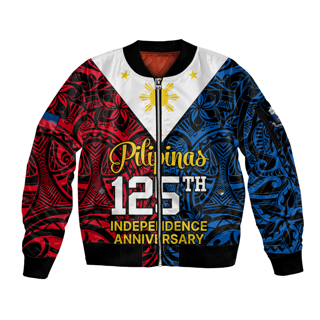 125th Independence Anniversary Philippines Sleeve Zip Bomber Jacket Polynesian Pilipinas Flag Style - Black LT9 Unisex Black - Polynesian Pride