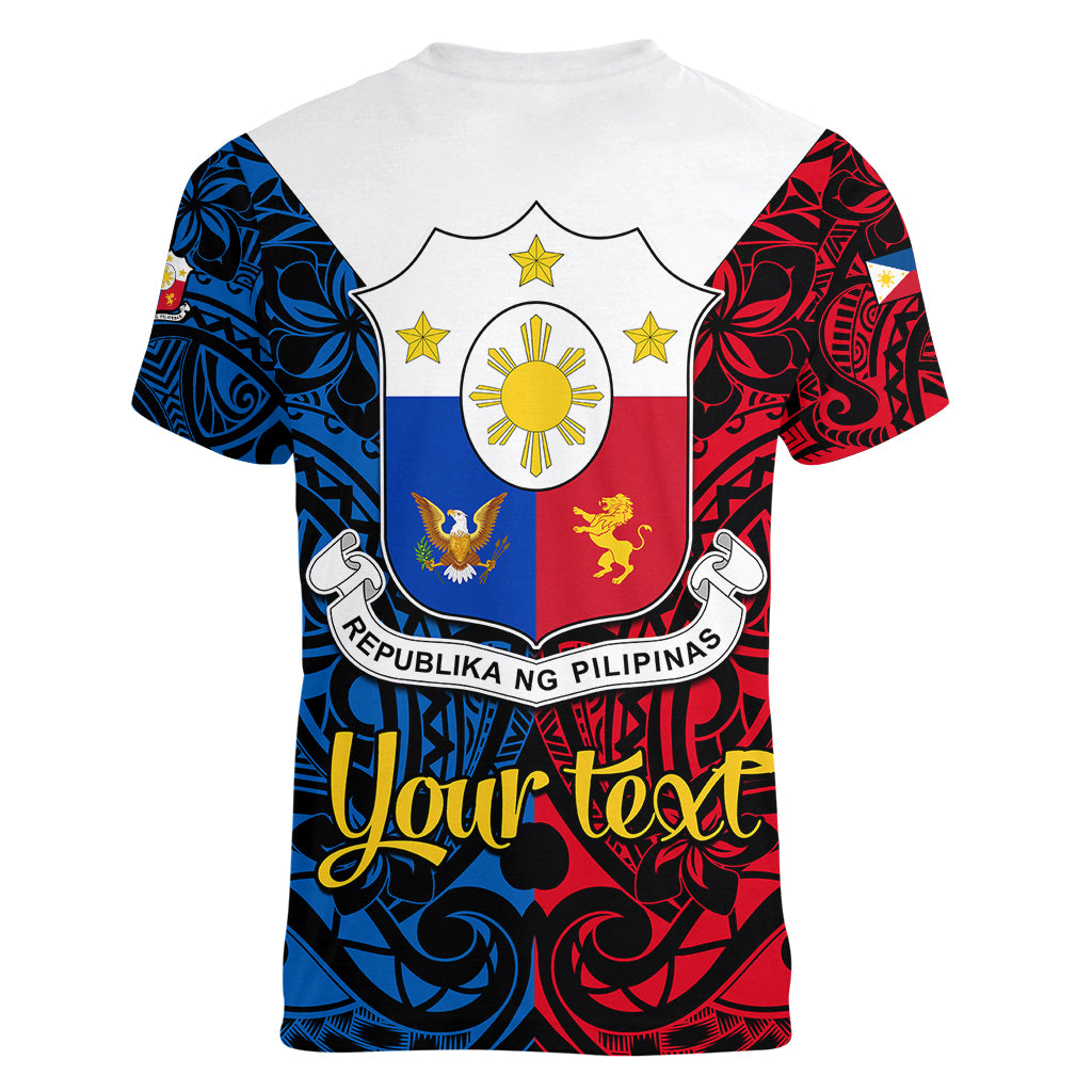 Personalised Polynesian Philippines Women V Neck T Shirt Pilipinas Flag Style for 125th Independence Anniversary Black LT9 - Polynesian Pride