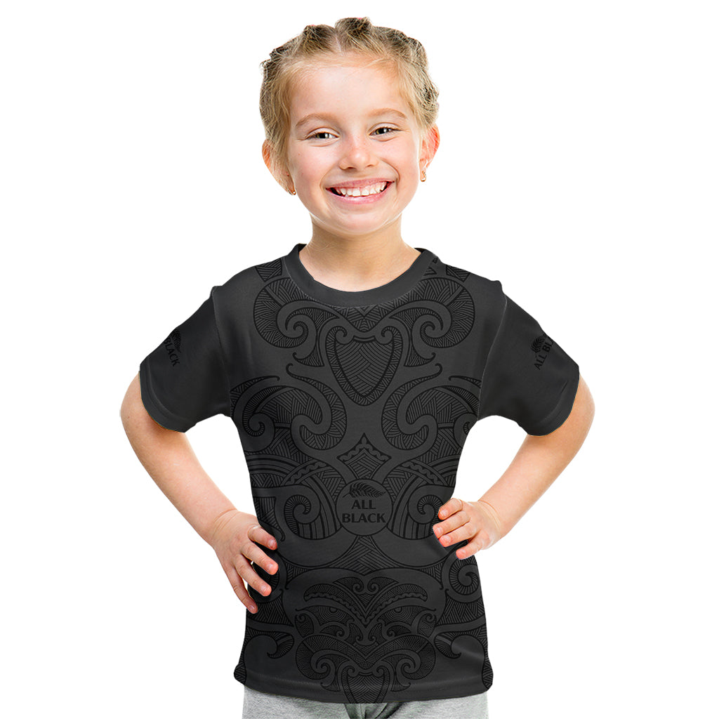 New Zealand Rugby Kid T Shirt All Black Fern with Maori Tribal Pattern LT9 Black - Polynesian Pride