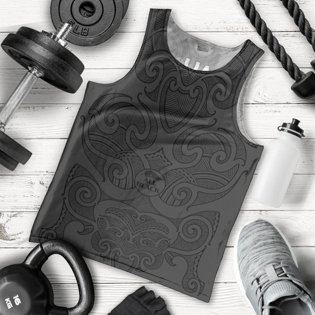 New Zealand Rugby Men Tank Top All Black Fern with Maori Tribal Pattern LT9 Black - Polynesian Pride