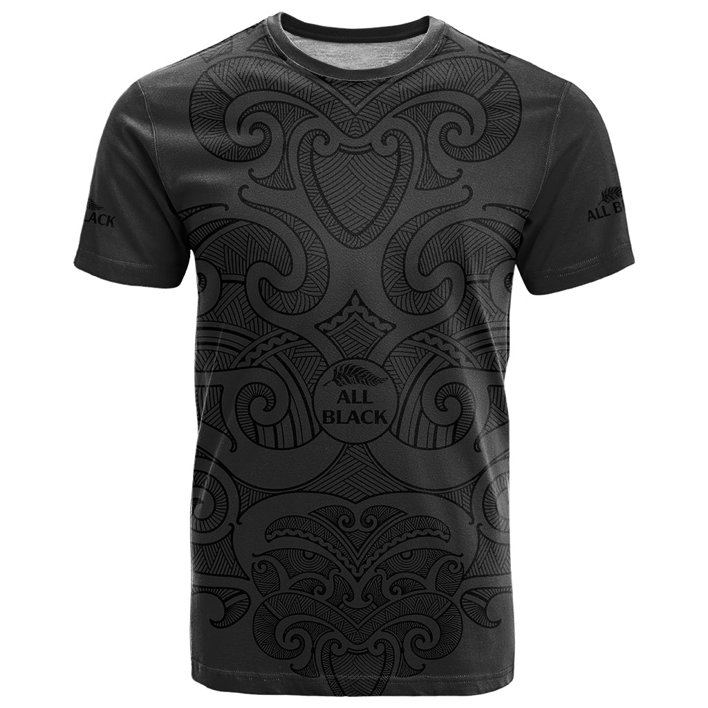 New Zealand Rugby T Shirt All Black Fern with Maori Tribal Pattern LT9 Black - Polynesian Pride