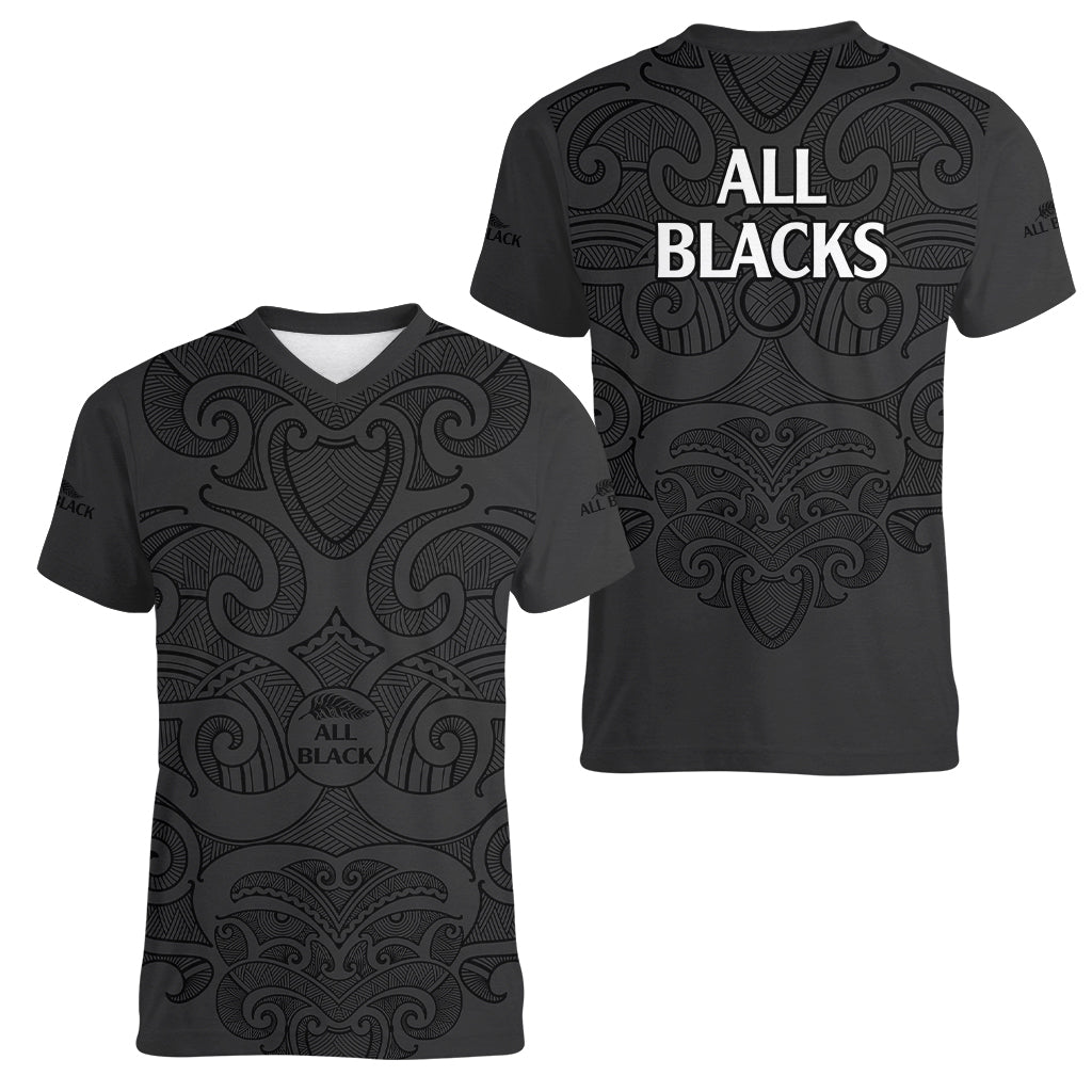 New Zealand Rugby Women V Neck T Shirt All Black Fern with Maori Tribal Pattern LT9 - Polynesian Pride