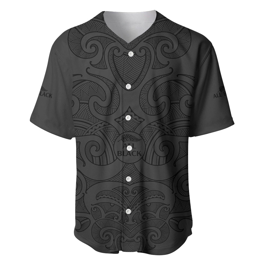 (Custom Text And Number) New Zealand Rugby Baseball Jersey All Black Fern with Maori Tribal Pattern LT9 Black - Polynesian Pride