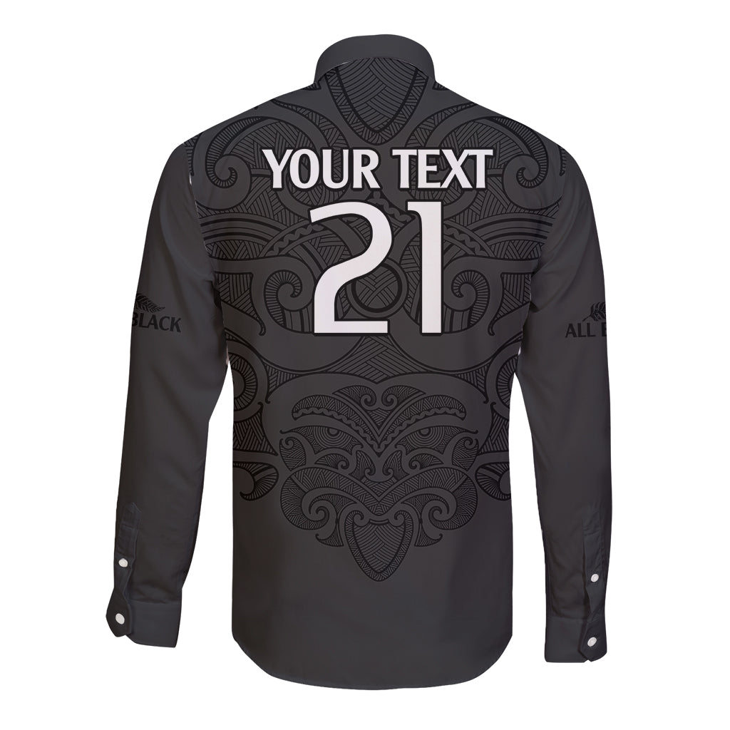 (Custom Text And Number) New Zealand Rugby Long Sleeve Button Shirt All Black Fern with Maori Tribal Pattern LT9 - Polynesian Pride