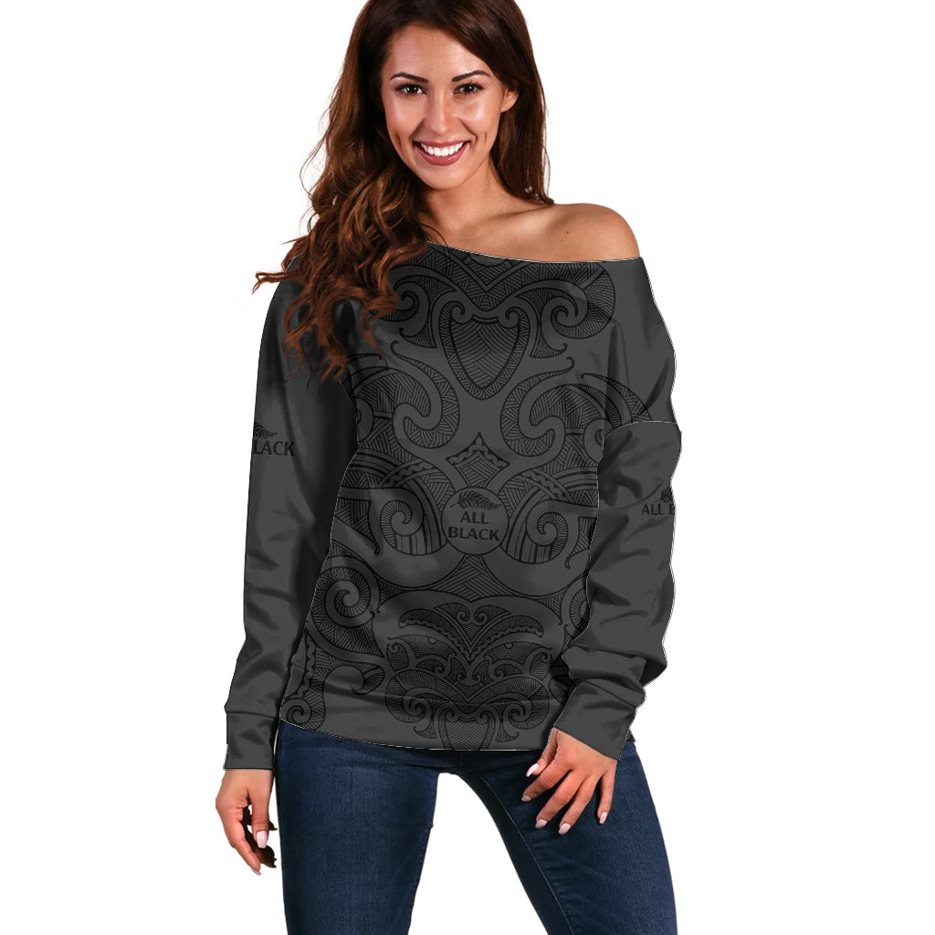 (Custom Text And Number) New Zealand Rugby Off Shoulder Sweater All Black Fern with Maori Tribal Pattern LT9 Women Black - Polynesian Pride