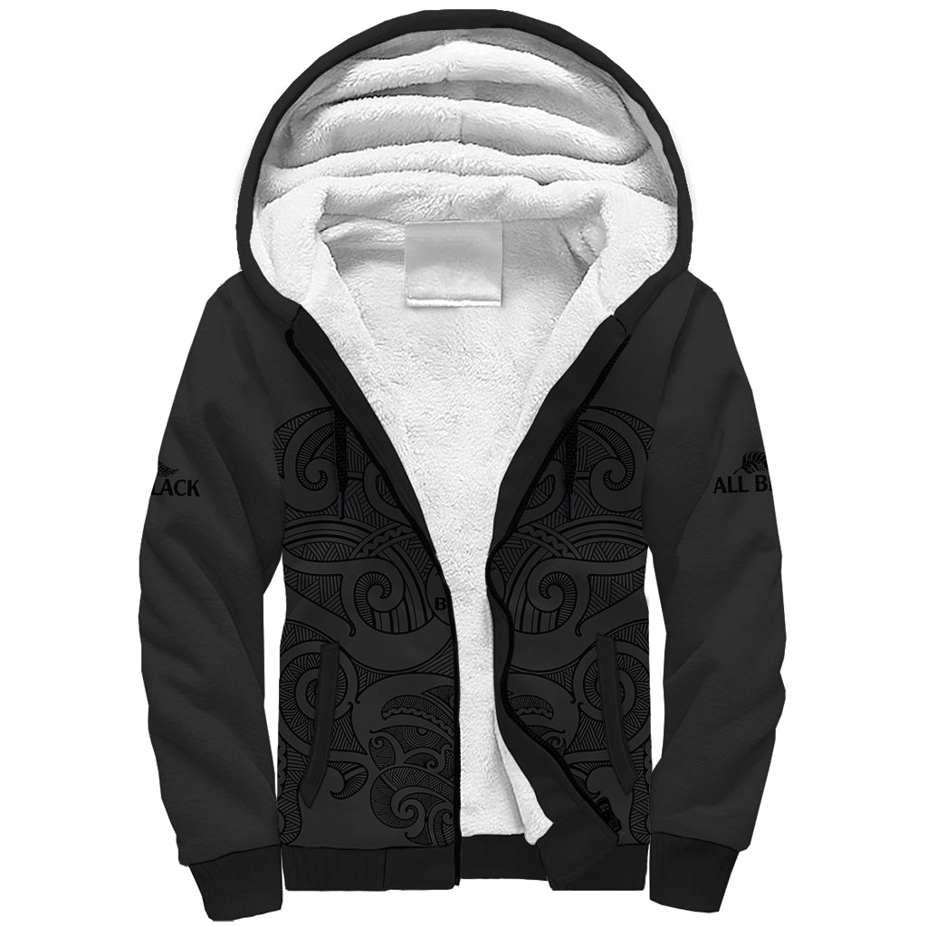 (Custom Text And Number) New Zealand Rugby Sherpa Hoodie All Black Fern with Maori Tribal Pattern LT9 Unisex Black - Polynesian Pride