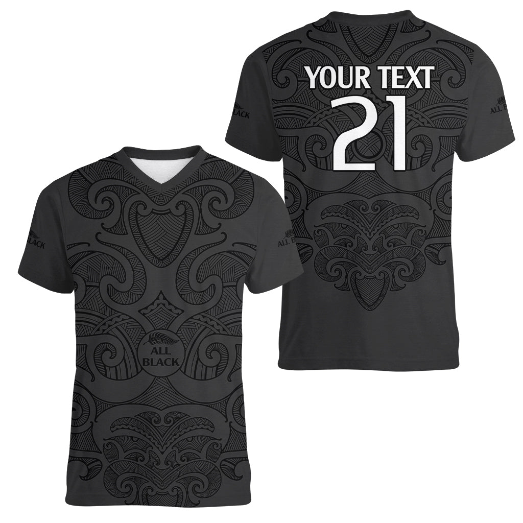 (Custom Text And Number) New Zealand Rugby Women V Neck T Shirt All Black Fern with Maori Tribal Pattern LT9 - Polynesian Pride