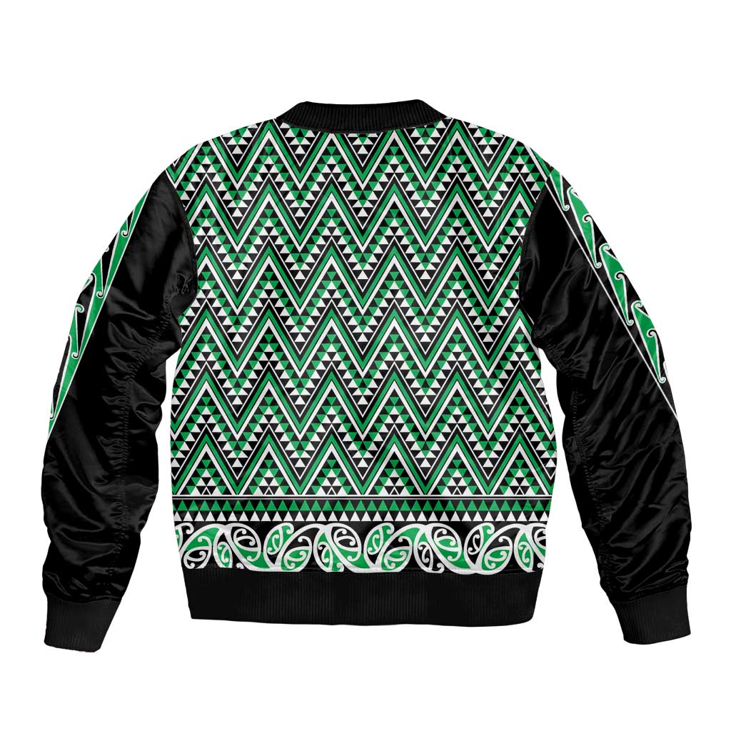 New Zealand Maori Niho Taniwha Bomber Jacket Kakariki Mangopare and Puhoro Pattern