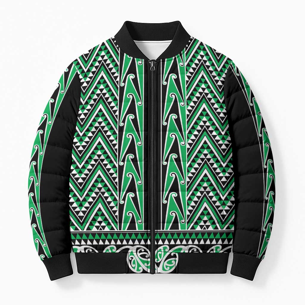 New Zealand Maori Niho Taniwha Bomber Puffer Jacket Kakariki Mangopare and Puhoro Pattern - Polynesian Pride