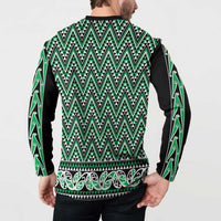 New Zealand Maori Niho Taniwha Button Sweatshirt Kakariki Mangopare and Puhoro Pattern LT9 - Polynesian Pride