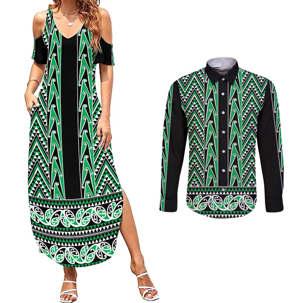New Zealand Maori Niho Taniwha Couples Matching Summer Maxi Dress and Long Sleeve Button Shirt Kakariki Mangopare and Puhoro Pattern