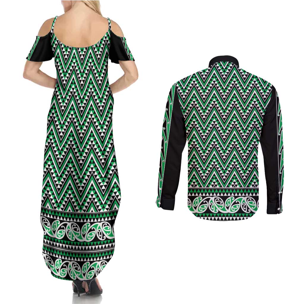 New Zealand Maori Niho Taniwha Couples Matching Summer Maxi Dress and Long Sleeve Button Shirt Kakariki Mangopare and Puhoro Pattern