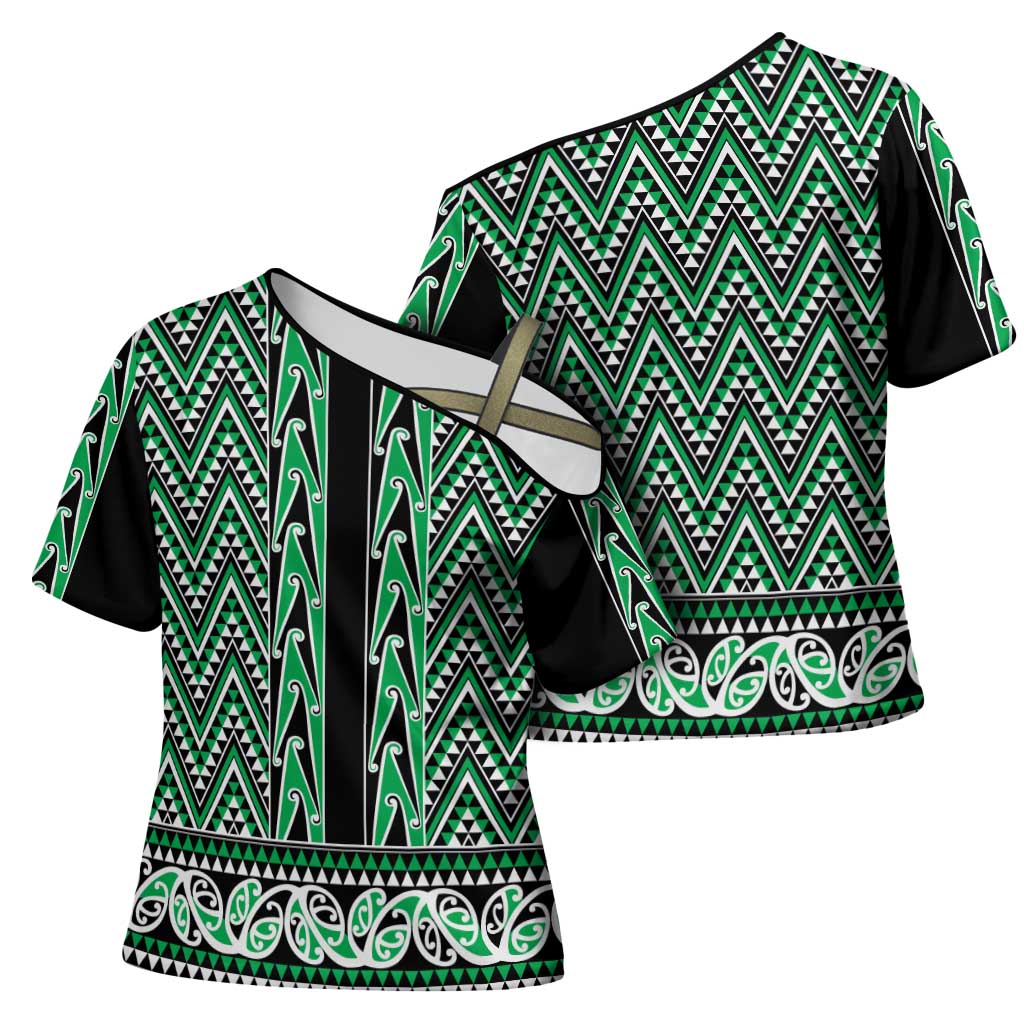 New Zealand Maori Niho Taniwha Cross Shoulder Shirt Kakariki Mangopare and Puhoro Pattern - Polynesian Pride