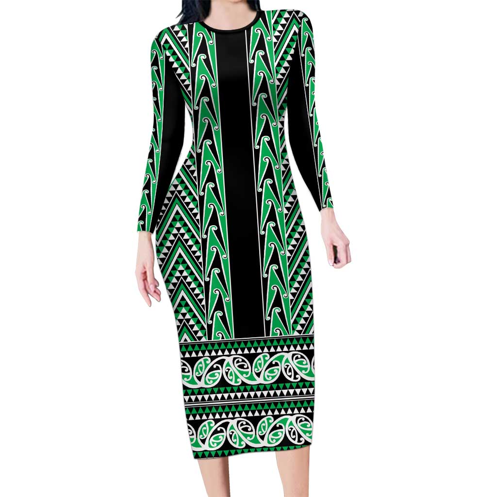 New Zealand Maori Niho Taniwha Family Matching Long Sleeve Bodycon Dress and Hawaiian Shirt Kakariki Mangopare and Puhoro Pattern
