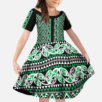 New Zealand Maori Niho Taniwha Family Matching Short Sleeve Bodycon Dress and Hawaiian Shirt Kakariki Mangopare and Puhoro Pattern