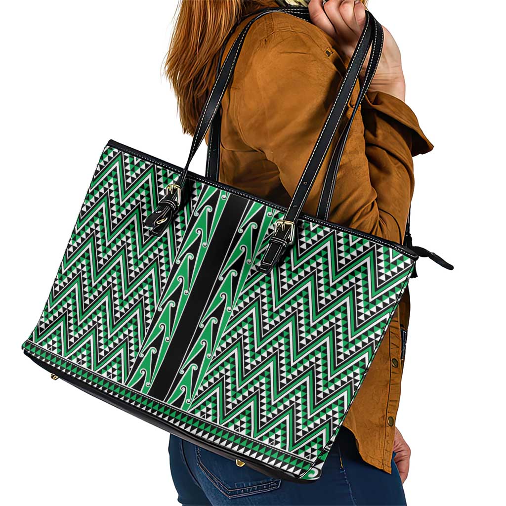 New Zealand Maori Niho Taniwha Leather Tote Bag Kakariki Mangopare and Puhoro Pattern