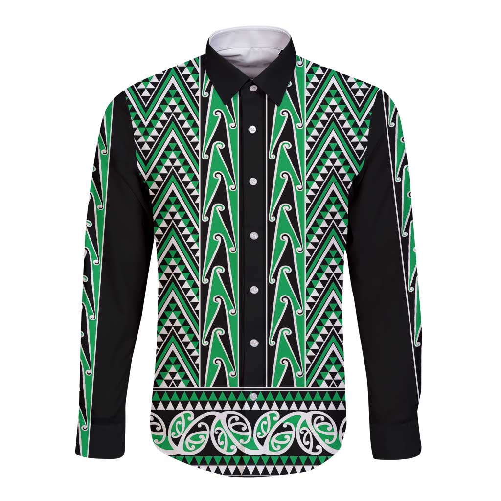 New Zealand Maori Niho Taniwha Long Sleeve Button Shirt Kakariki Mangopare and Puhoro Pattern LT9 Unisex Green - Polynesian Pride