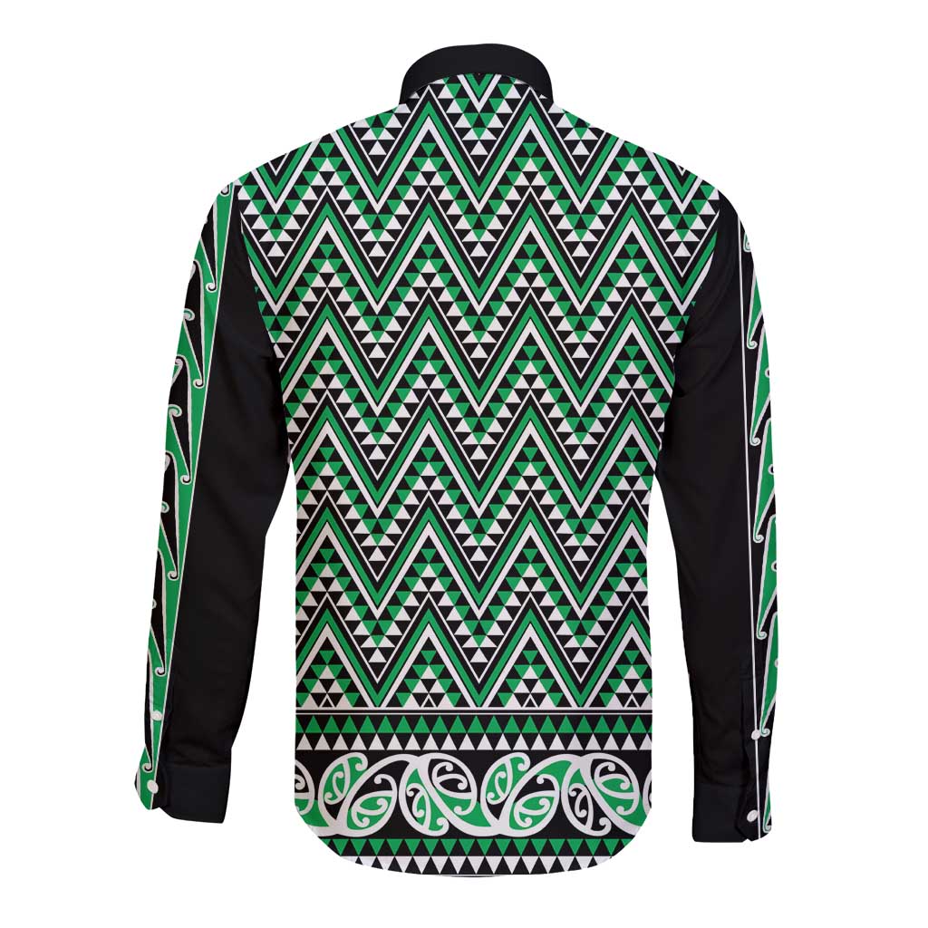 New Zealand Maori Niho Taniwha Long Sleeve Button Shirt Kakariki Mangopare and Puhoro Pattern LT9 - Polynesian Pride