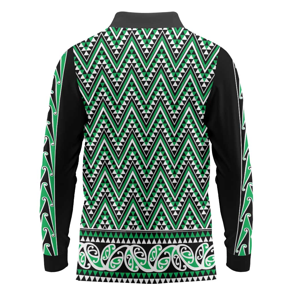 New Zealand Maori Niho Taniwha Long Sleeve Polo Shirt Kakariki Mangopare and Puhoro Pattern