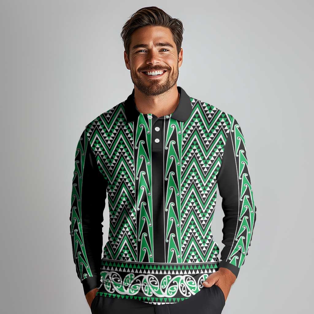 New Zealand Maori Niho Taniwha Long Sleeve Polo Shirt Kakariki Mangopare and Puhoro Pattern