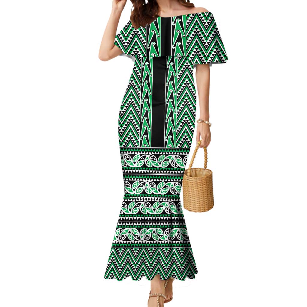 New Zealand Maori Niho Taniwha Mermaid Dress Kakariki Mangopare and Puhoro Pattern
