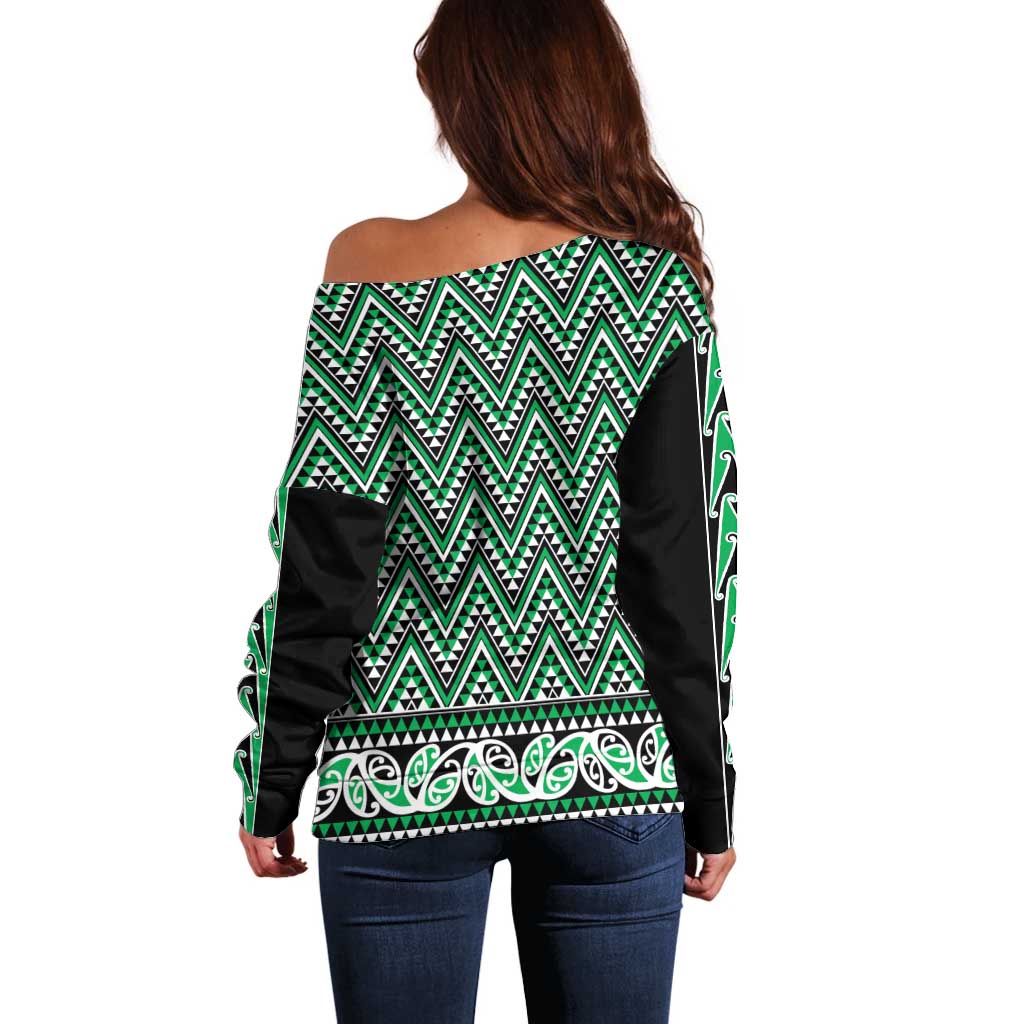 New Zealand Maori Niho Taniwha Off Shoulder Sweater Kakariki Mangopare and Puhoro Pattern