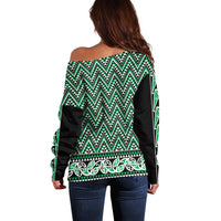 New Zealand Maori Niho Taniwha Off Shoulder Sweater Kakariki Mangopare and Puhoro Pattern