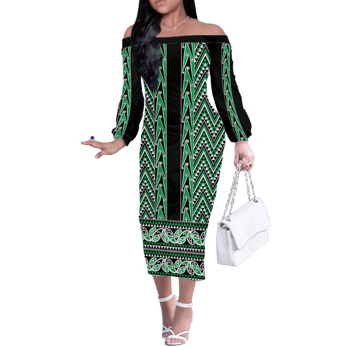 New Zealand Maori Niho Taniwha Off The Shoulder Long Sleeve Dress Kakariki Mangopare and Puhoro Pattern