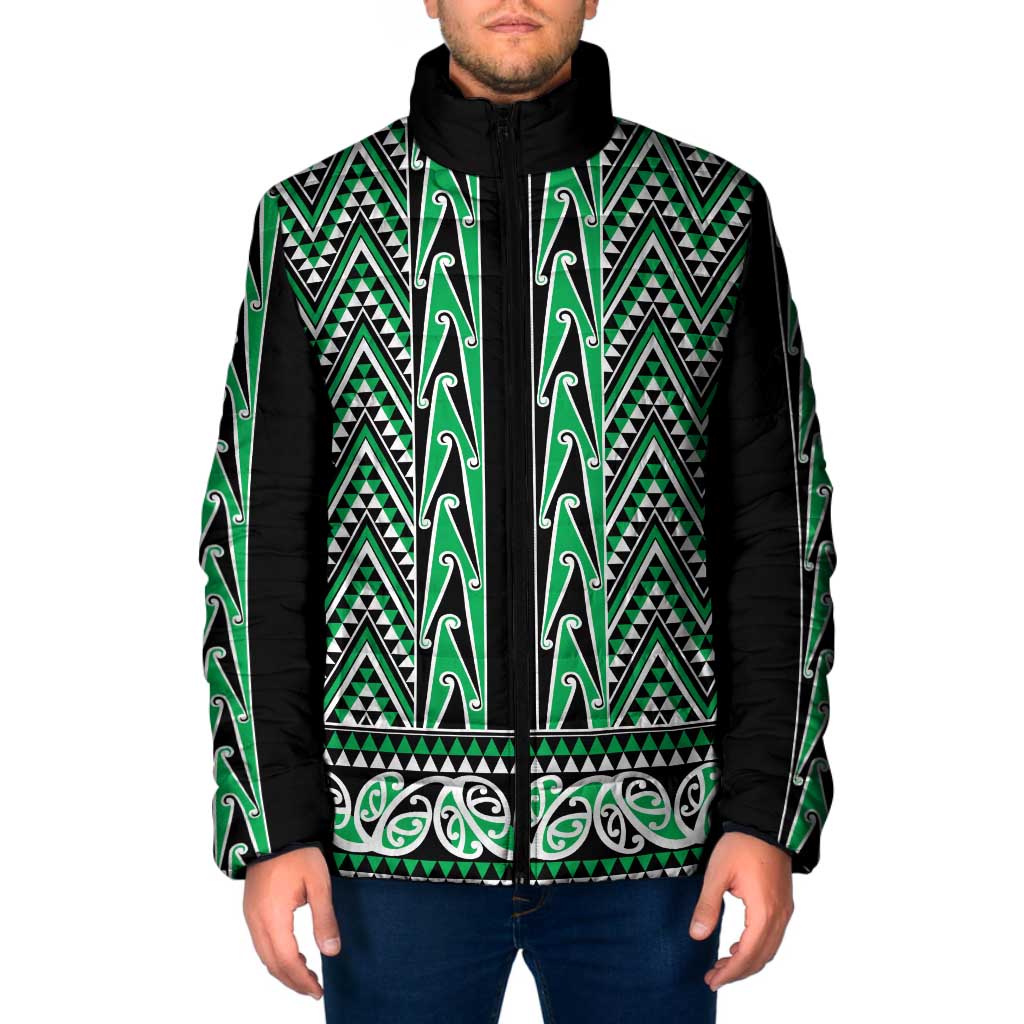 New Zealand Maori Niho Taniwha Padded Jacket Kakariki Mangopare and Puhoro Pattern - Polynesian Pride