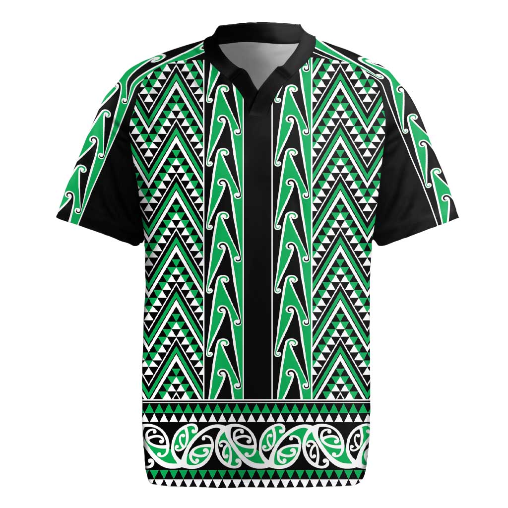 New Zealand Maori Niho Taniwha Rugby Jersey Kakariki Mangopare and Puhoro Pattern