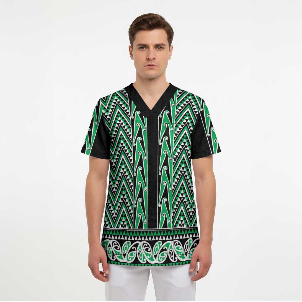 New Zealand Maori Niho Taniwha Scrub Top Kakariki Mangopare and Puhoro Pattern - Polynesian Pride