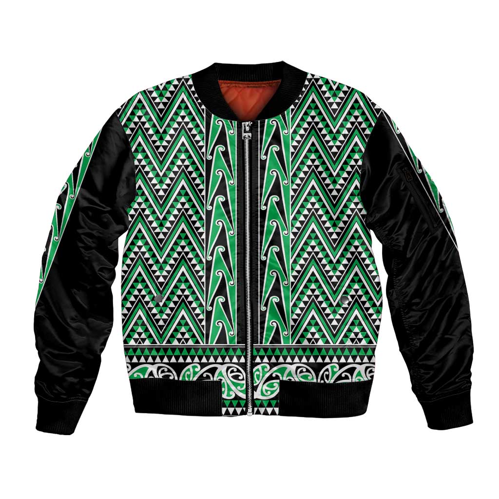 New Zealand Maori Niho Taniwha Sleeve Zip Bomber Jacket Kakariki Mangopare and Puhoro Pattern