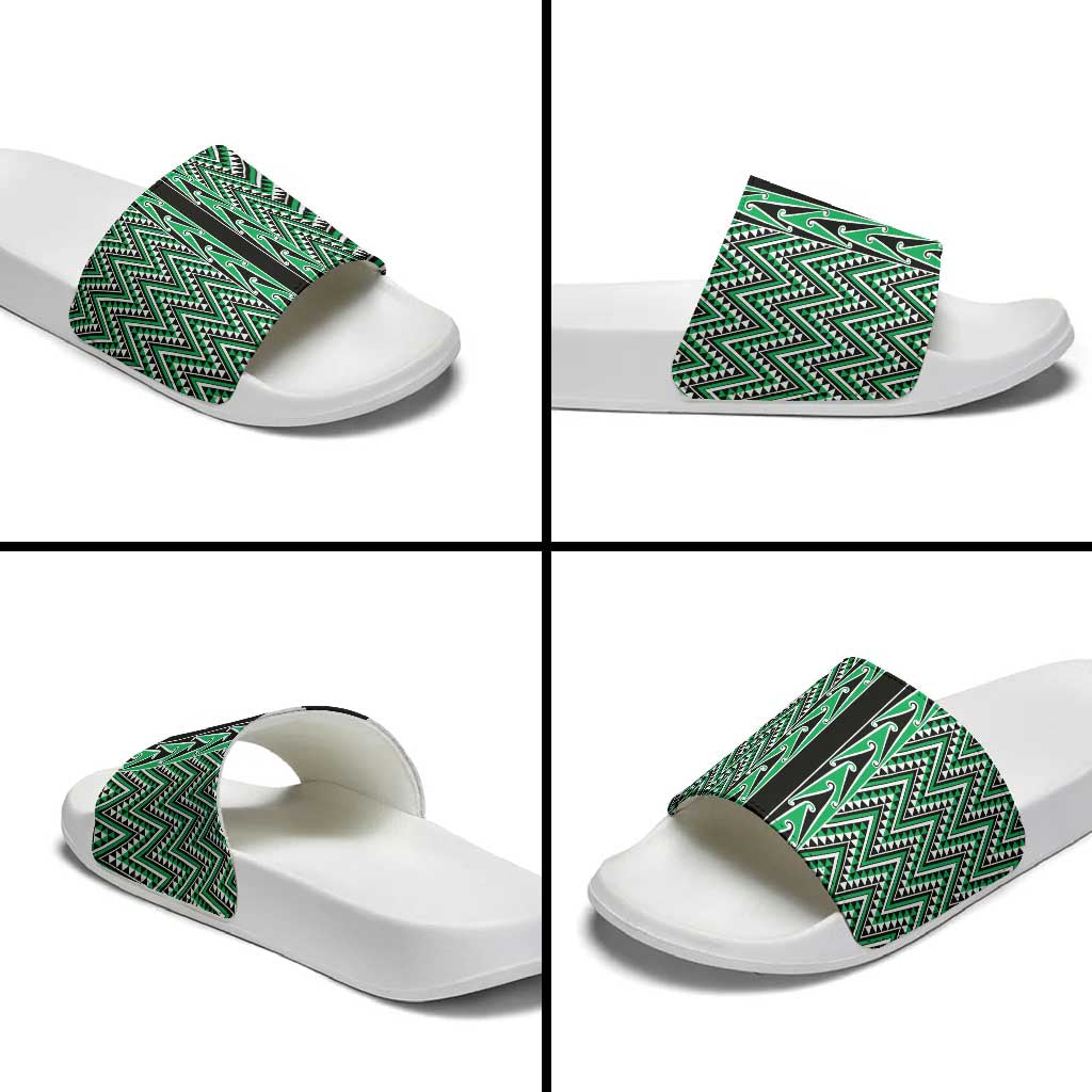 New Zealand Maori Niho Taniwha Slide Sandals Kakariki Mangopare and Puhoro Pattern - Polynesian Pride