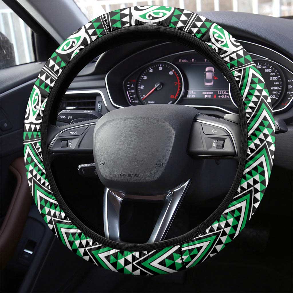 New Zealand Maori Niho Taniwha Steering Wheel Cover Kakariki Mangopare and Puhoro Pattern