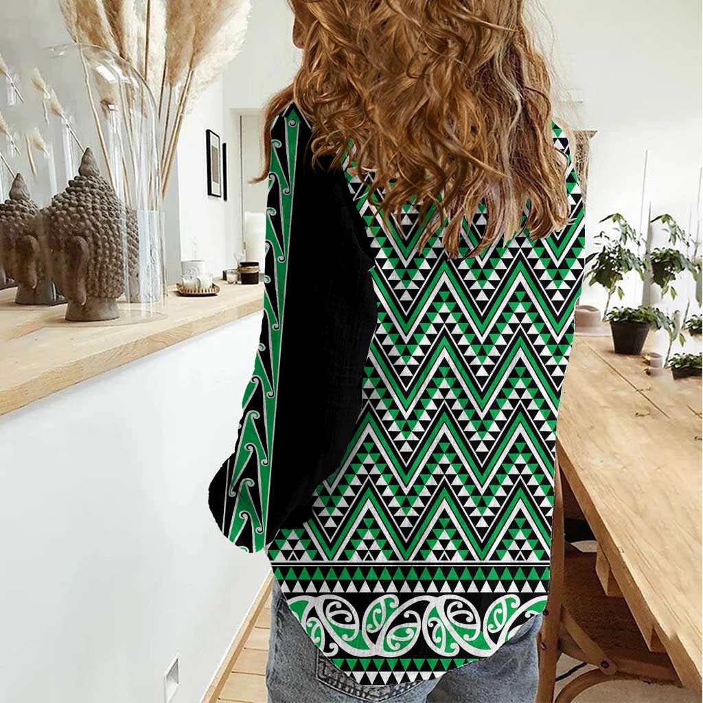New Zealand Maori Niho Taniwha Women Casual Shirt Kakariki Mangopare and Puhoro Pattern