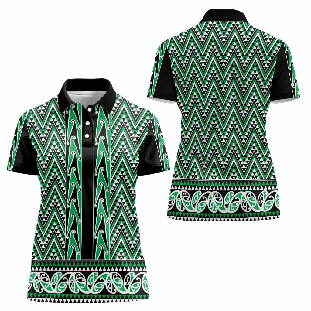 New Zealand Maori Niho Taniwha Women Polo Shirt Kakariki Mangopare and Puhoro Pattern